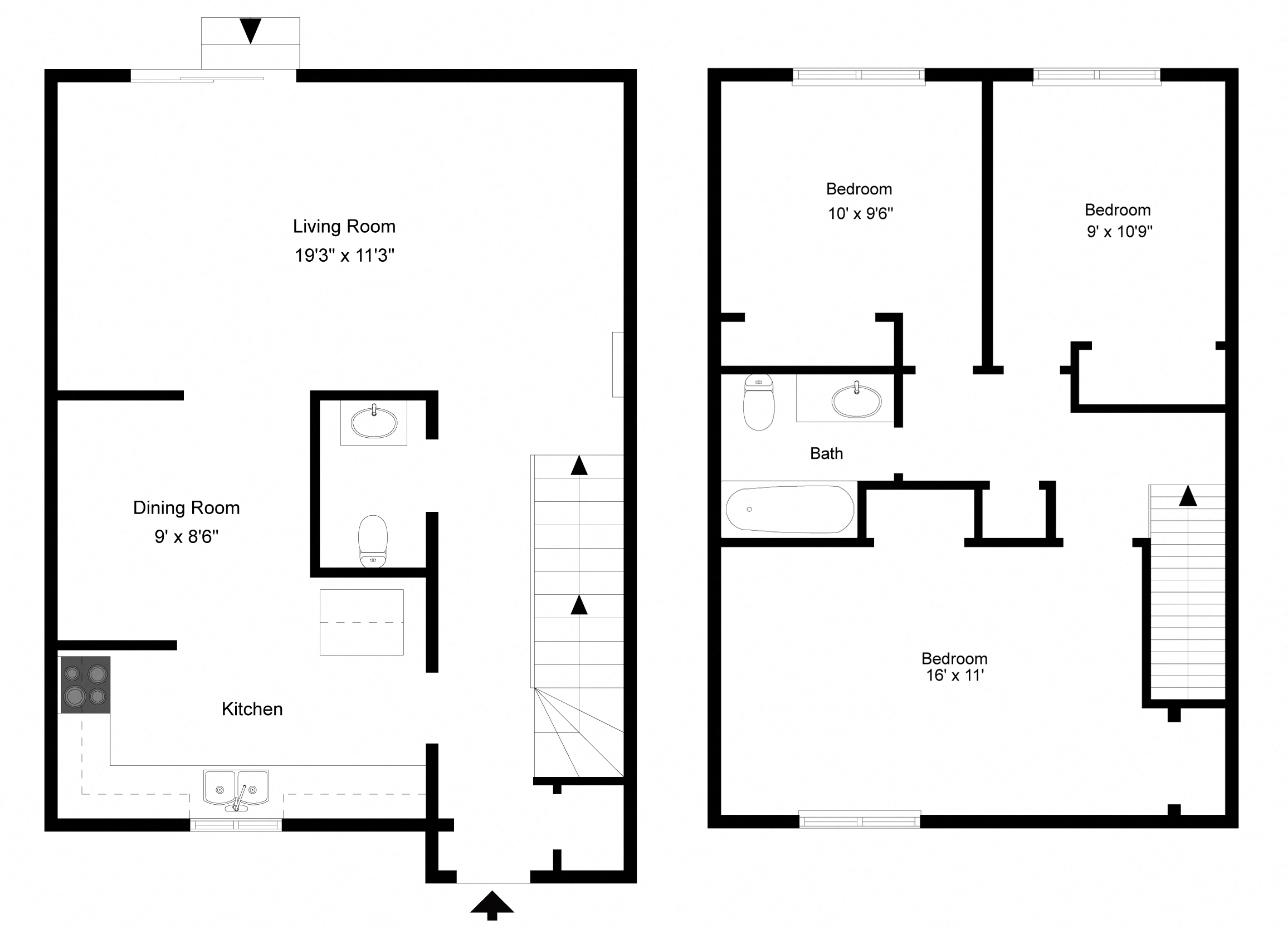 Floor plan for 3 beds, 1.5 baths, 1195 sqft